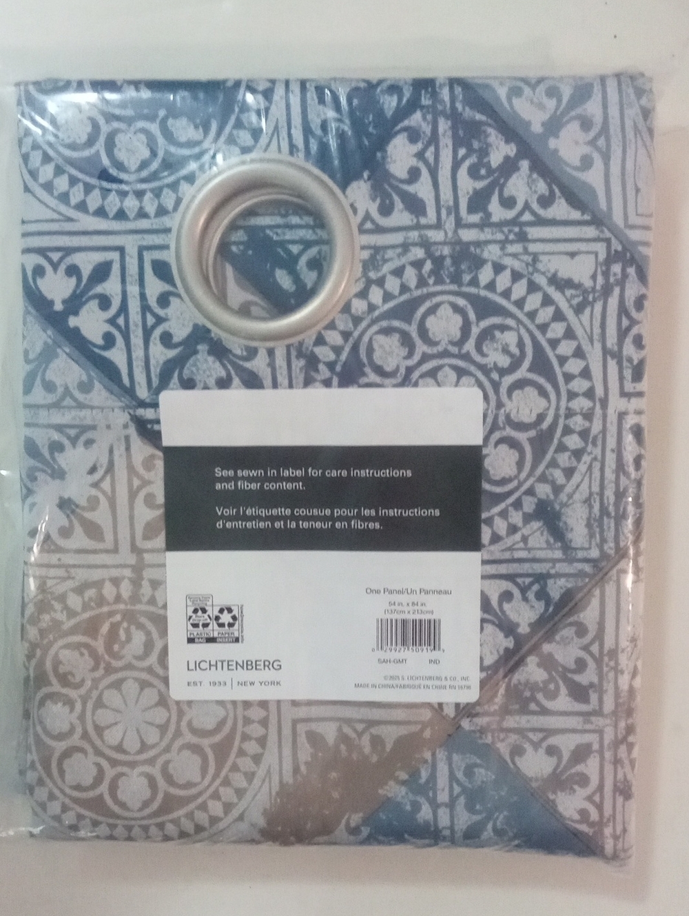 Sun Zero Blue & White Decorative Grommet Curtain Panel 84" Grommet NWT $45
